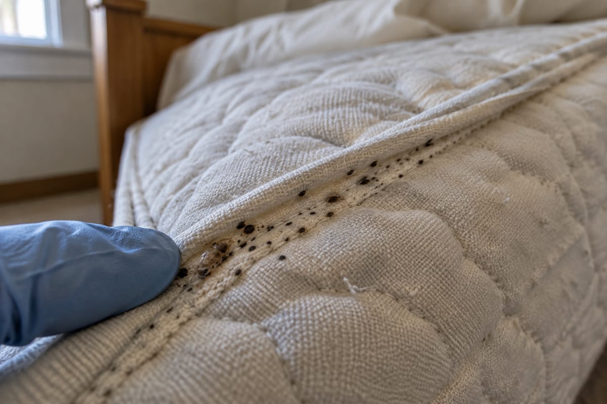 A gloved fingertip lifting a mattress seam to show dark spotting along the piping