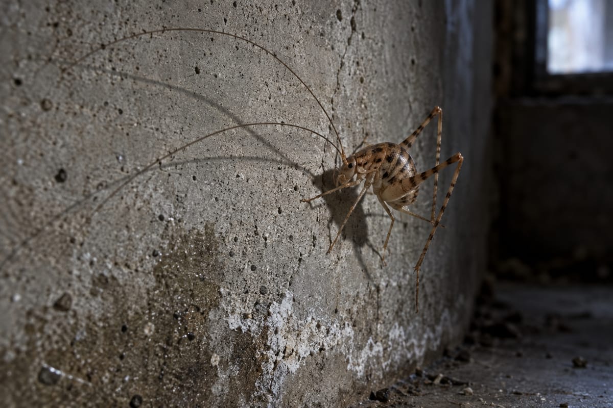 A camel cricket on a rough concrete basement wall, its long antennae spread wide