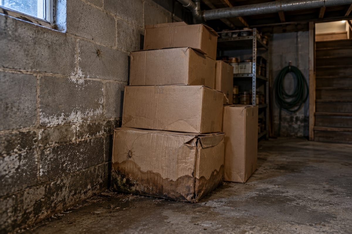 Cardboard boxes stacked on a damp basement floor against a block wall, the lowest box stained with water