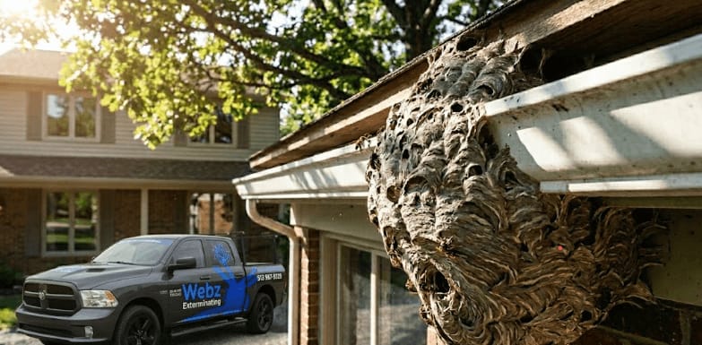 A large grey wasp nest built under the gutter of a house, with a Webz Exterminating truck in the driveway